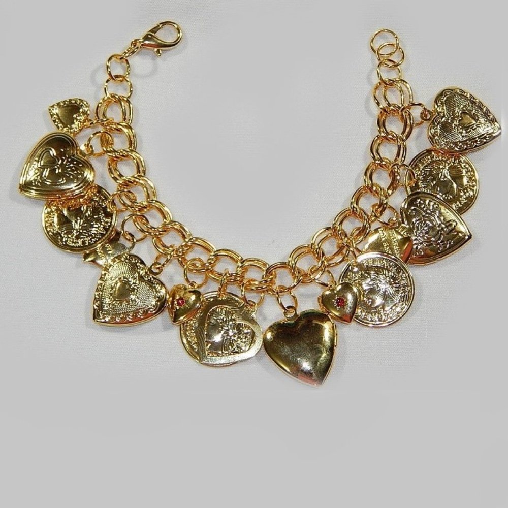 14K Hearts and Coin Locket Charm Bracelet